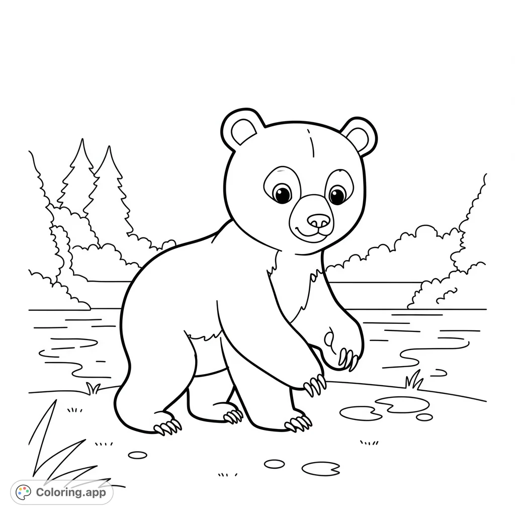 An adorable cartoon bear cub walks by a serene lake, perfect for a delightful coloring adventure. A free printable bear cub coloring page.