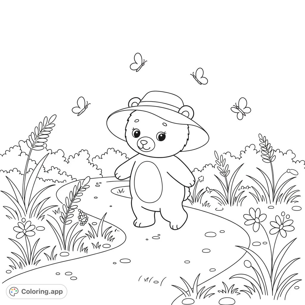 Adorable bear cub coloring page, wearing a hat and walking a trail with butterflies. A free printable coloring page for all ages.