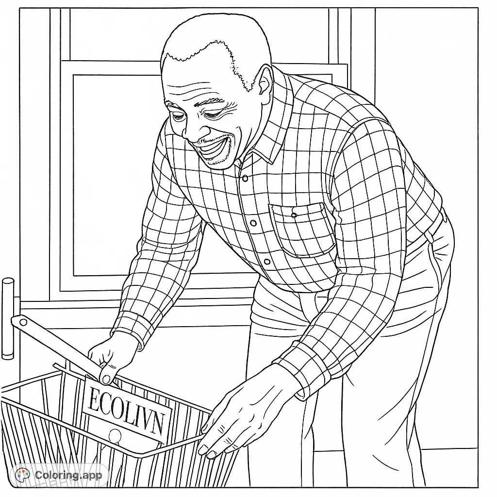 A kind elderly man in a plaid shirt carefully organizes magazines in a stylish wire basket. A serene domestic scene perfect for mindful coloring.