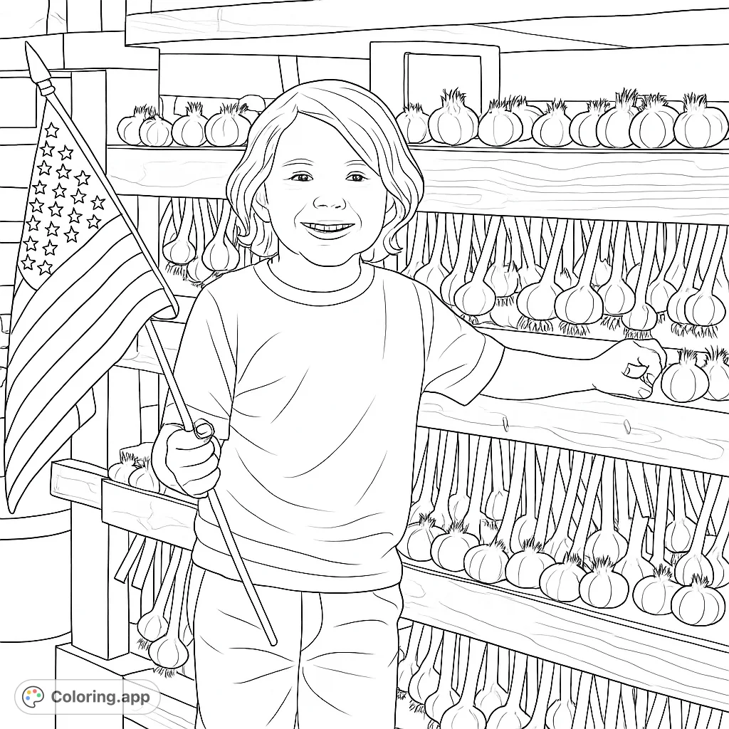 A smiling child holds an American flag amidst shelves of harvested garlic, celebrating farm life and patriotism. A delightful farm coloring page.