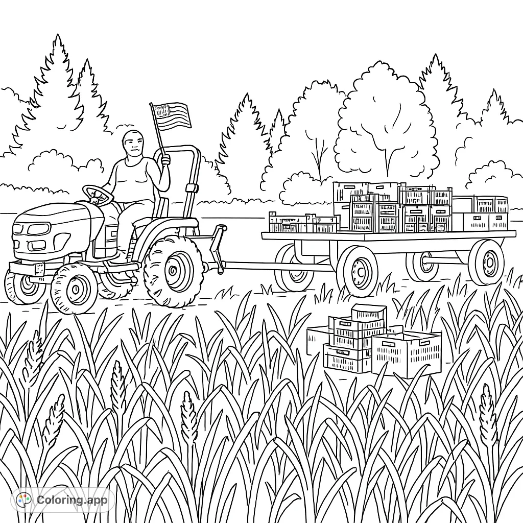Detailed farm tractor and harvest scene, featuring a person on a tractor pulling crates through a field. A rural adventure awaits!