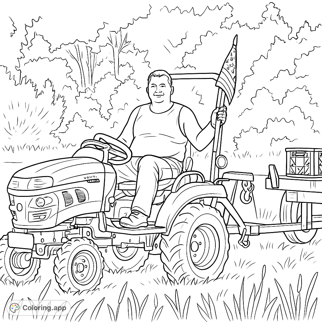 A cheerful person on a utility tractor, pulling a trailer through a field, with a flag proudly displayed. Perfect for farm life enthusiasts.