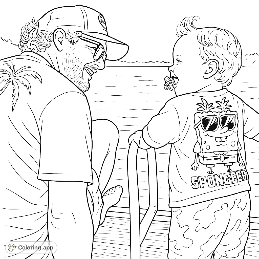 A heartwarming scene of a father and child sharing a joyful moment on a dock by a lake, perfect for a family-themed coloring page.