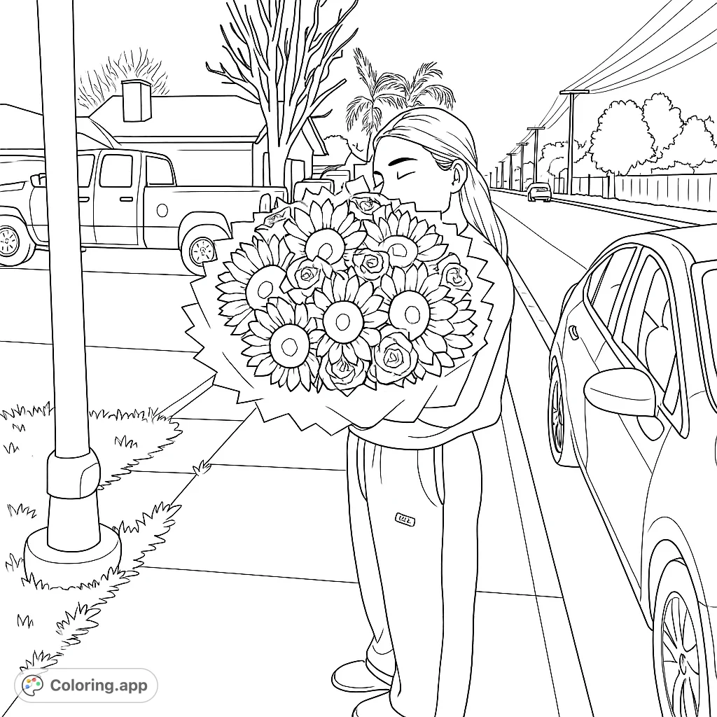 A person holds a large, beautiful bouquet of sunflowers and white roses on a sunny street. Perfect for flower lovers and a joyful coloring experience.