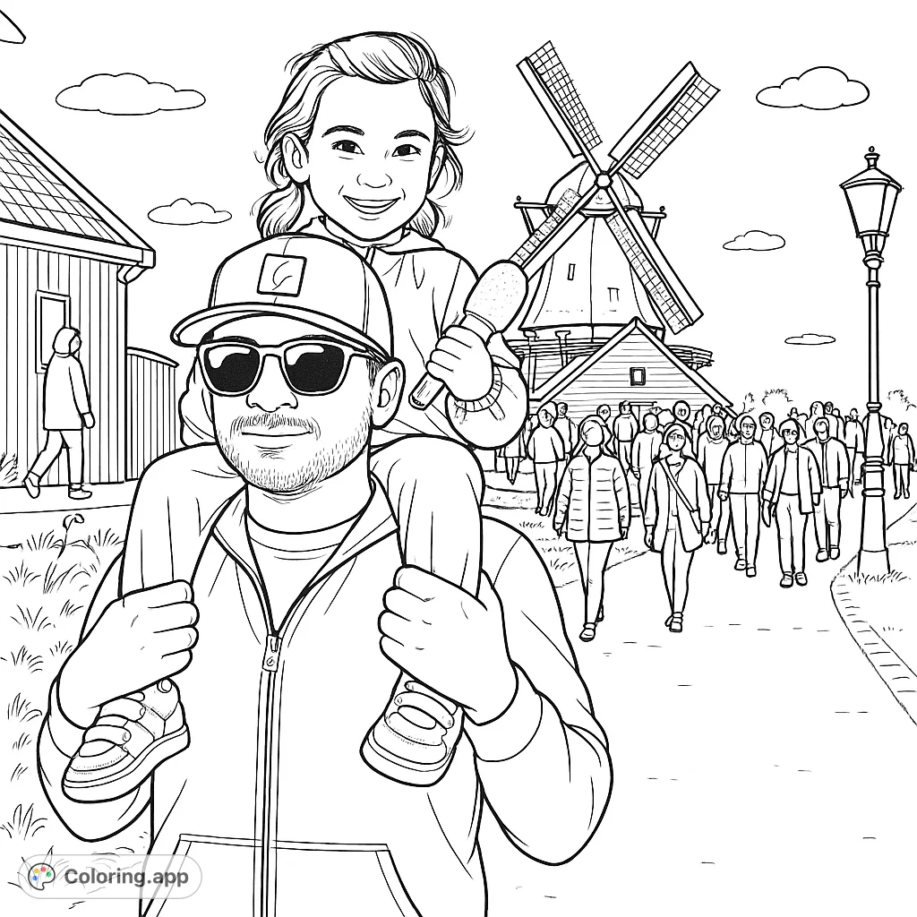 A heartwarming Dutch windmill coloring page featuring a father carrying his child, with a classic windmill and charming village scene. Free printable coloring page for all ages.