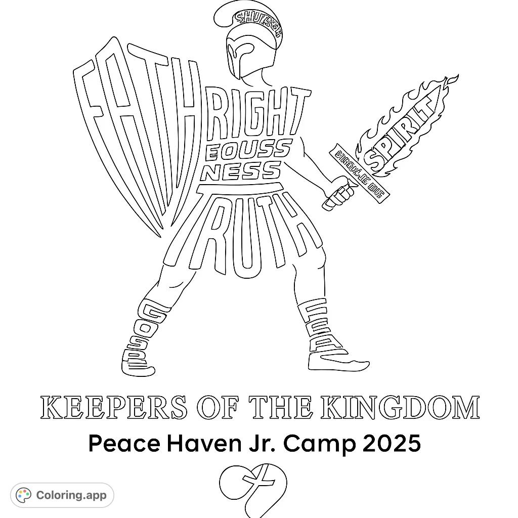 A powerful armored warrior stands ready with a large shield and a flaming sword, offering a detailed spiritual warrior coloring page for all ages.