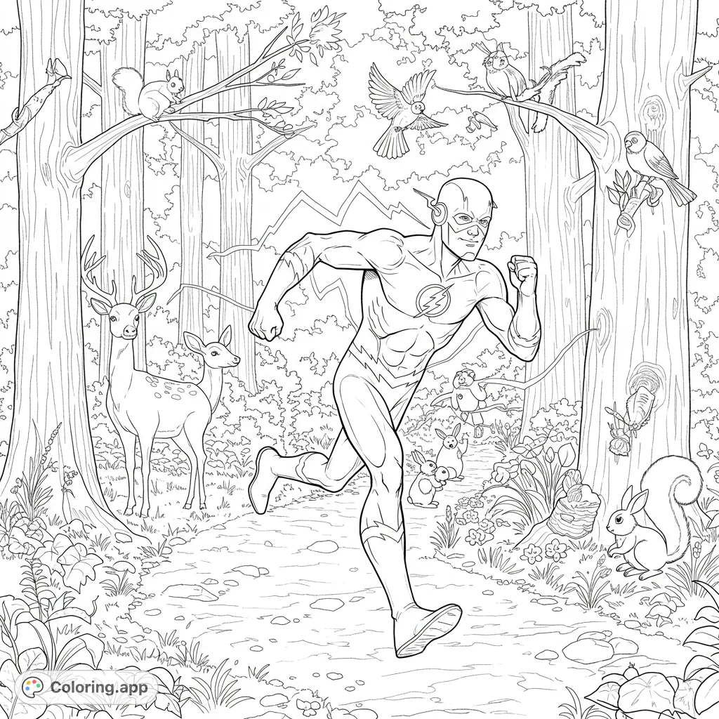 Join The Flash on a super-speed nature trail adventure! A dynamic superhero coloring page featuring deer, squirrels, bunnies, and birds.
