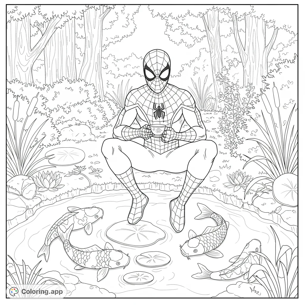 A unique Spiderman coloring page featuring him enjoying tea by a serene koi pond in nature. Perfect for superhero and nature lovers.