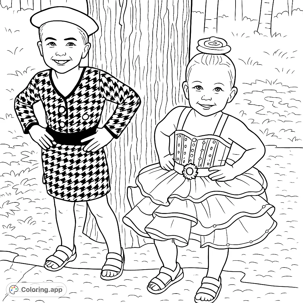 Two cheerful girls in distinctive outfits, one in a patterned suit and beret, the other in a ruffled dress, ready for creative coloring fun.