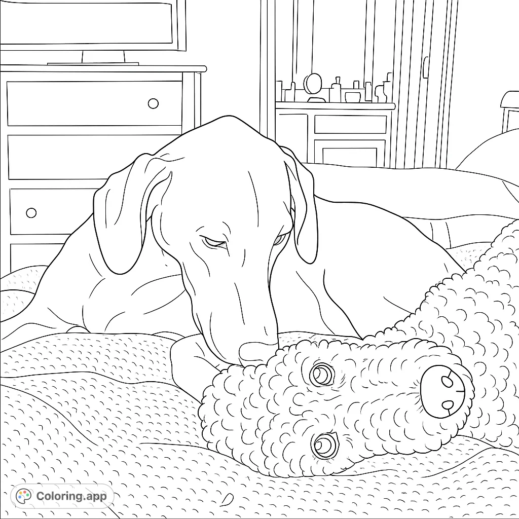 A heartwarming dog friendship coloring page featuring two adorable pups resting together on a cozy bed, perfect for animal lovers.
