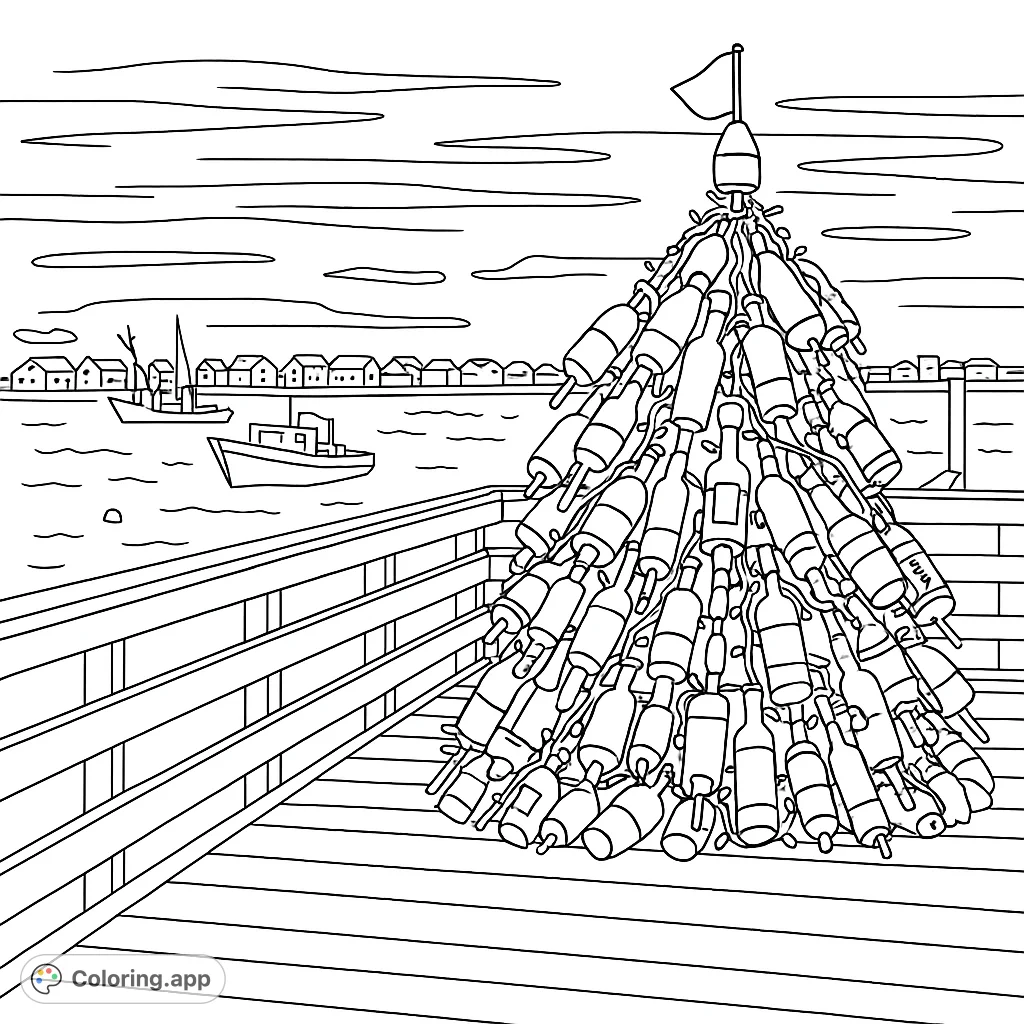 A festive coastal scene featuring a unique Christmas tree made of lobster buoys on a pier, with boats and houses in the background. Perfect for holiday coloring.