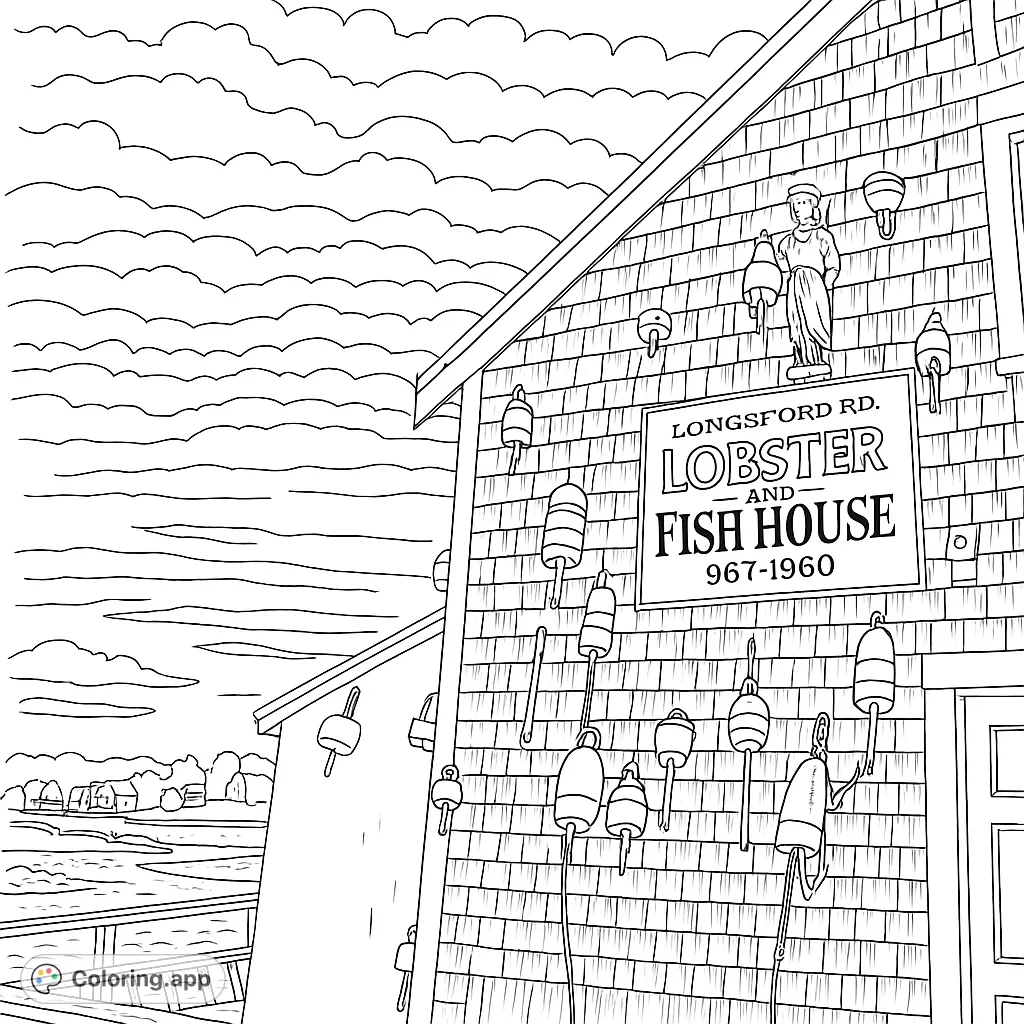 A charming coastal building adorned with many unique fishing buoys, overlooking a serene bay. Perfect for a nautical coloring page.