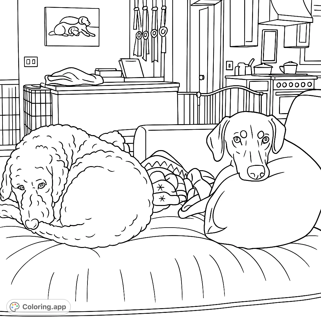 Two adorable dogs curled up on a cozy couch, perfect for a relaxing coloring session. Features detailed fur textures and a comforting home setting.