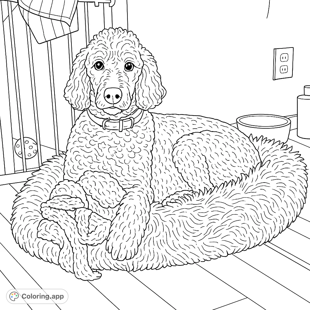 A charming poodle rests in its fluffy bed, a cozy scene perfect for animal lovers. Features intricate fur and soft textures for a delightful coloring experience.