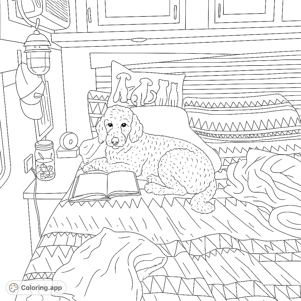 A cozy poodle relaxes on a patterned bed with a book, surrounded by charming RV details. Perfect for a relaxing coloring experience.
