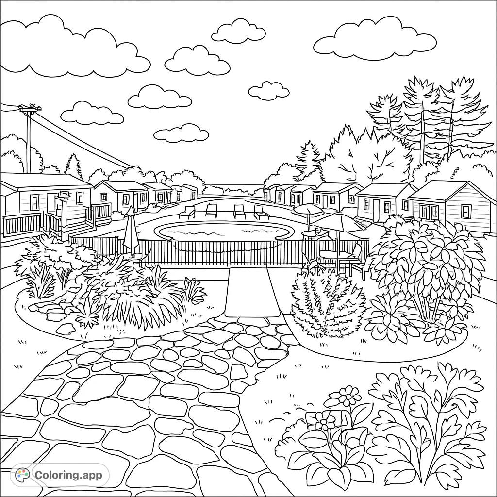 Charming resort scene featuring cozy cabins, a sparkling pool, and lush gardens under a cloudy sky. A perfect vacation escape to color.