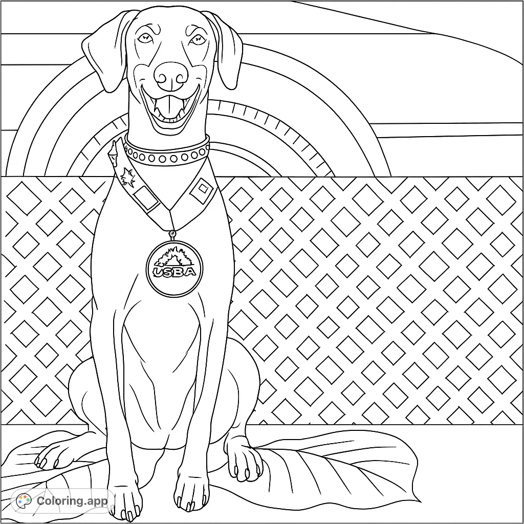 A proud Doberman dog wearing a medal and studded collar, sitting in front of a lattice fence. Perfect for dog lovers and aspiring champions!