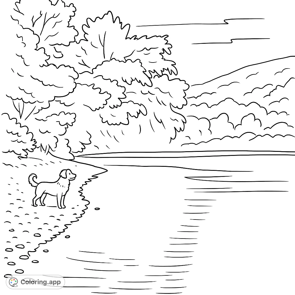 A charming nature scene featuring a dog on a pebbly riverbank, with a wide river and lush trees, perfect for a relaxing coloring experience.