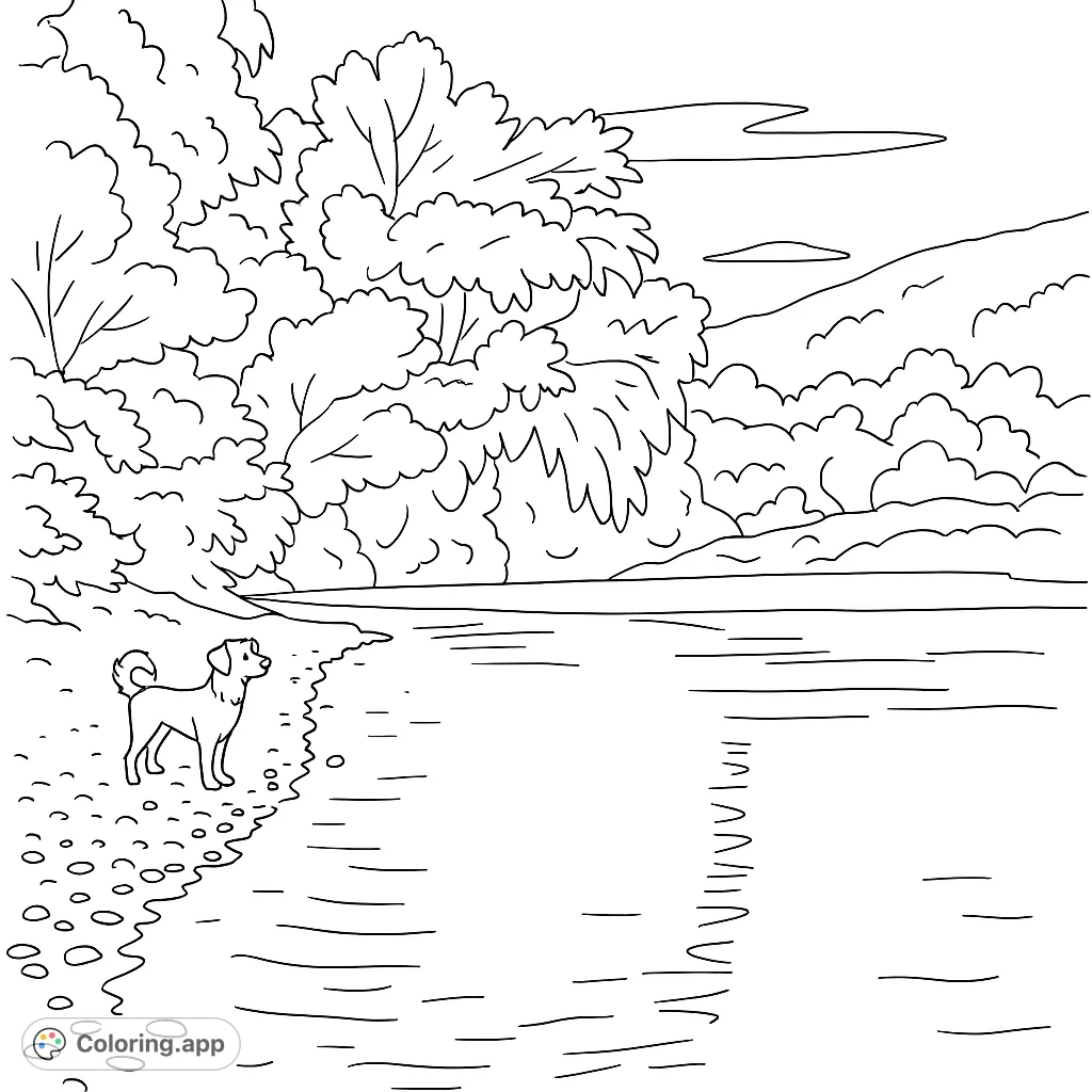 A charming nature scene featuring a dog on a pebbly riverbank, with a wide river and lush trees, perfect for a relaxing coloring experience.