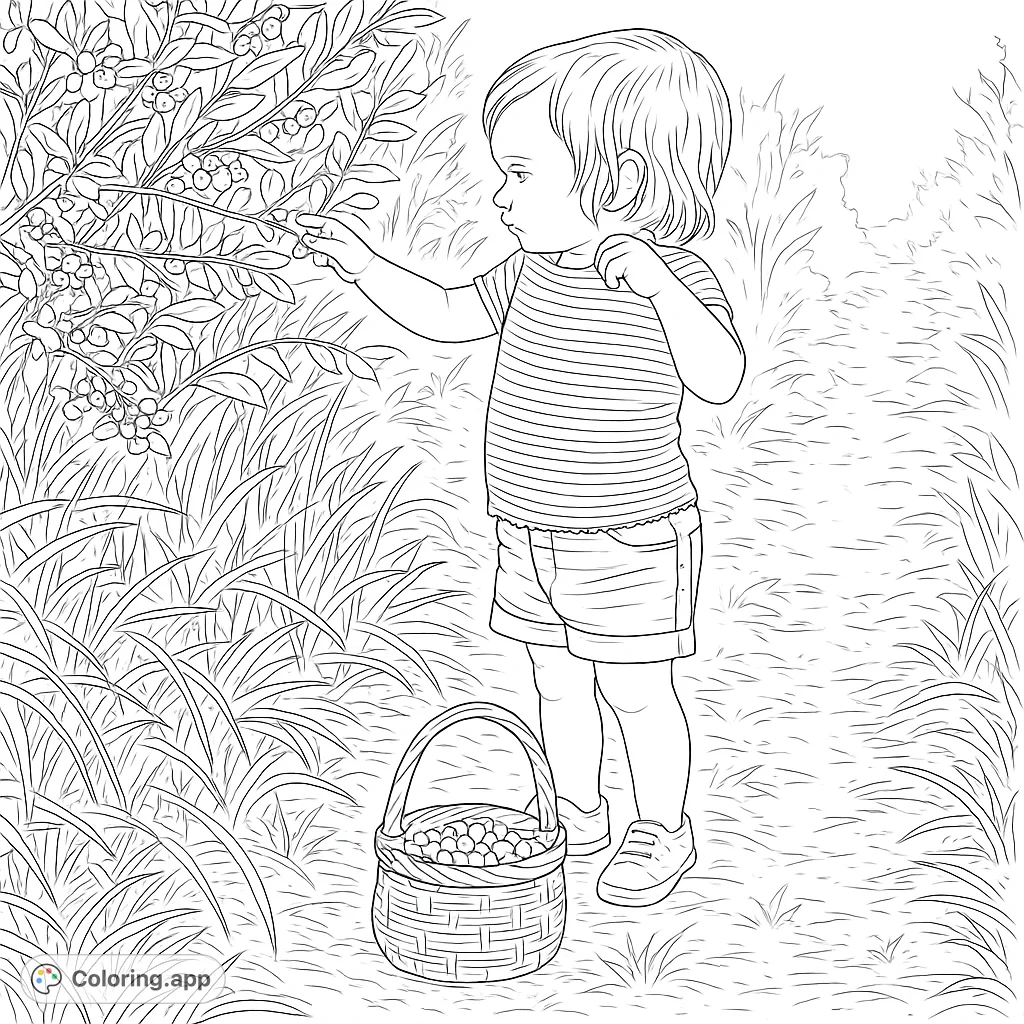 An adorable toddler picking blueberries in a lush field, with a basket full of berries. A delightful nature scene for a free printable blueberry picking coloring page.