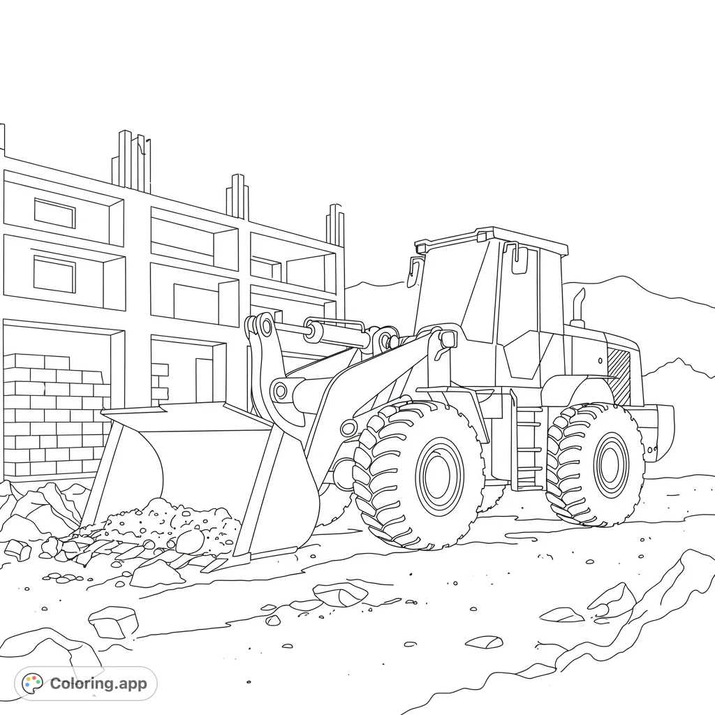 A powerful loader at a busy construction site, ready for coloring. Perfect for vehicle enthusiasts and aspiring builders.