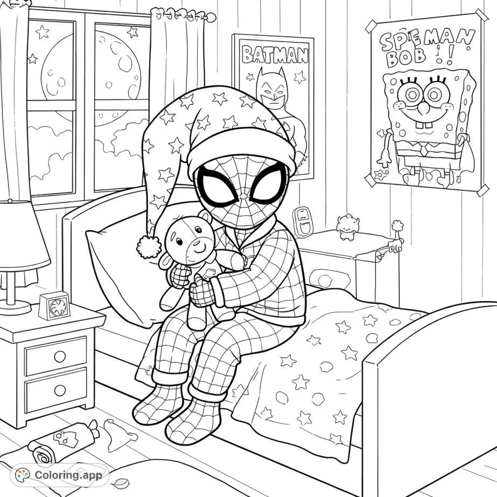 A heartwarming Spiderman coloring page featuring him in pajamas, cuddling a Superman toy in bed, with a moonlit window and superhero posters.
