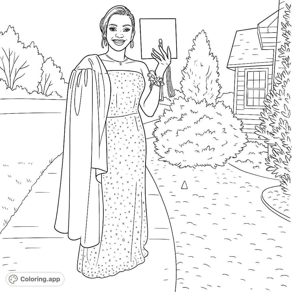 Celebrate achievement with this graduation coloring page! A proud graduate in a beautiful gown holds her cap, ready for vibrant colors.