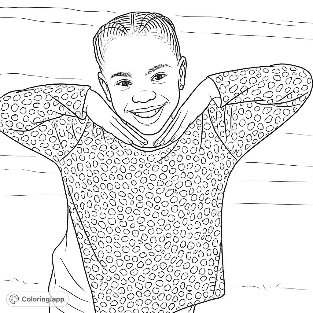A cheerful girl in a stylish leopard print top, hands forming a heart. A fun and engaging coloring page for all ages to express creativity.