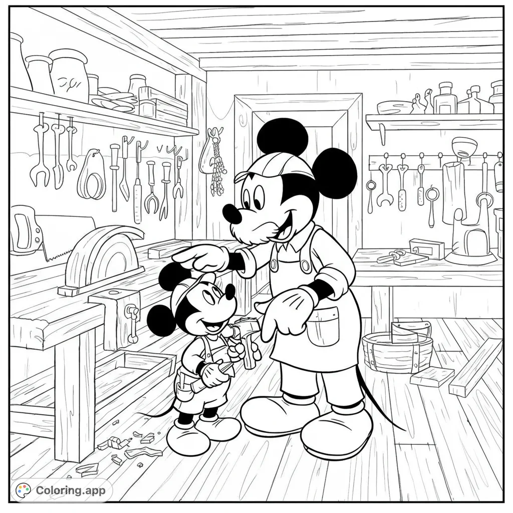 Join Dad Mickey Mouse and his son in a charming woodworking workshop, a delightful free printable Mickey Mouse coloring page for all ages.