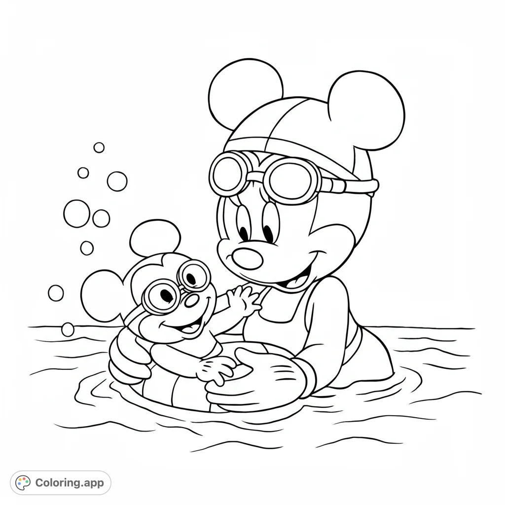 Join Mom Minnie Mouse and baby Mickey Mouse for a delightful swim class! A charming, free printable Disney coloring page for all ages.