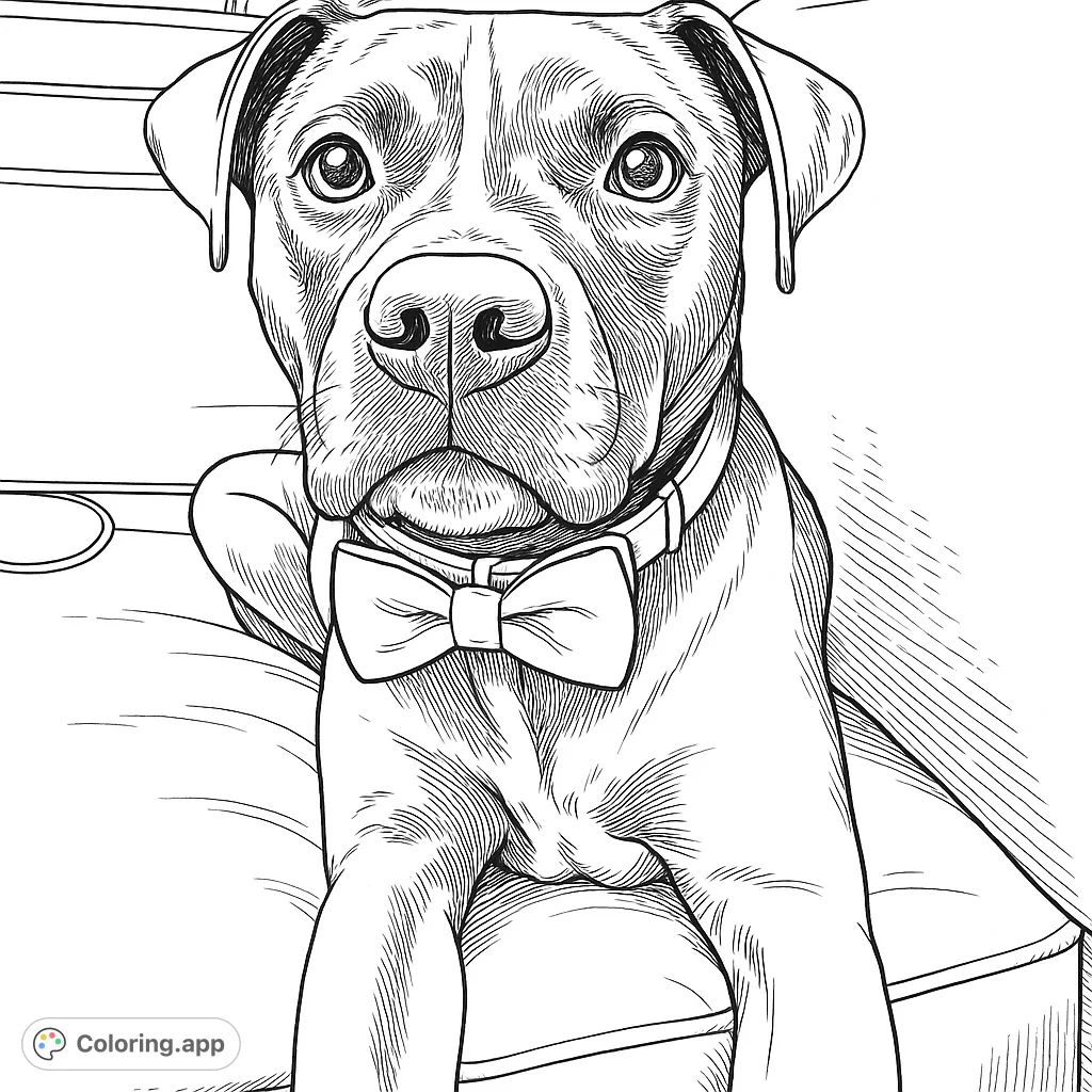 A charming dog wearing a stylish red bow tie, sitting attentively on a textured couch. Perfect for pet lovers and all ages!