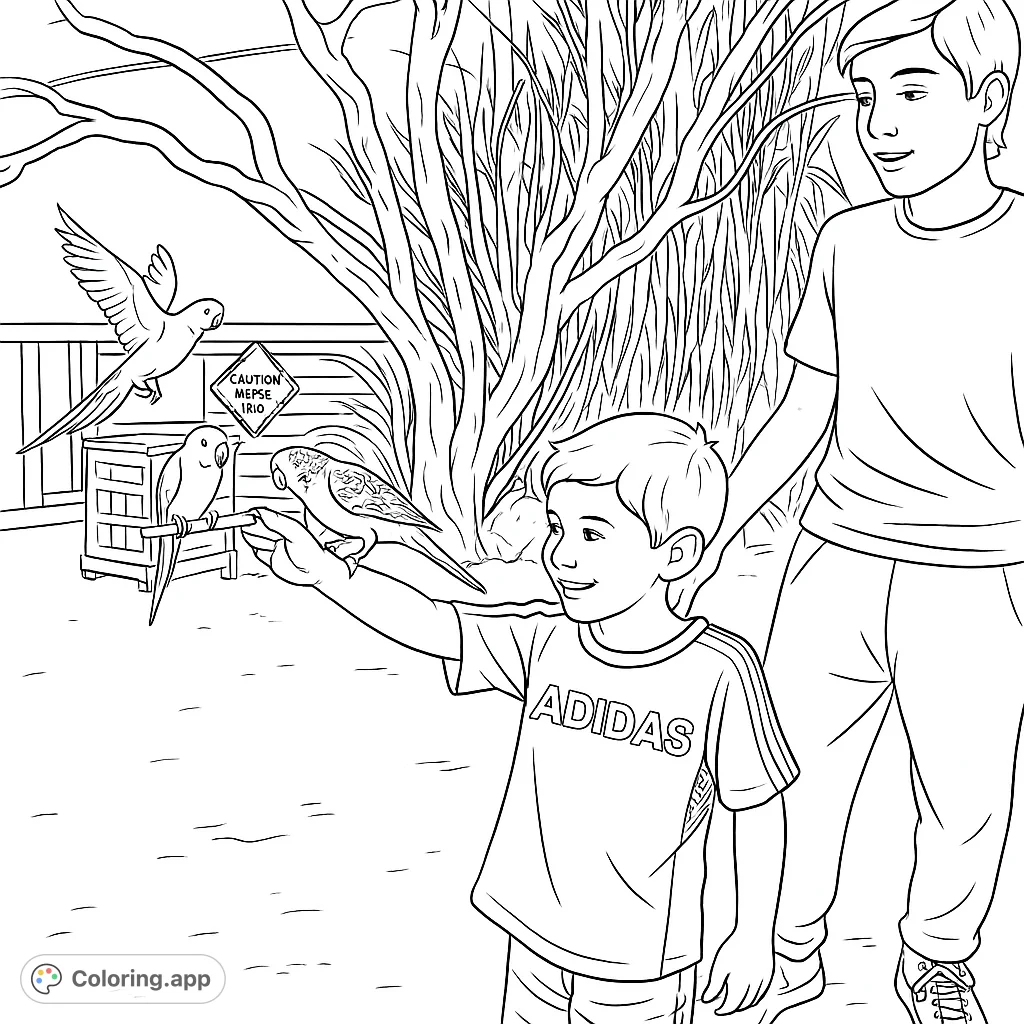 A joyful boy interacts with parakeets, one on his hand, another flying. A delightful scene for a free printable bird coloring page.