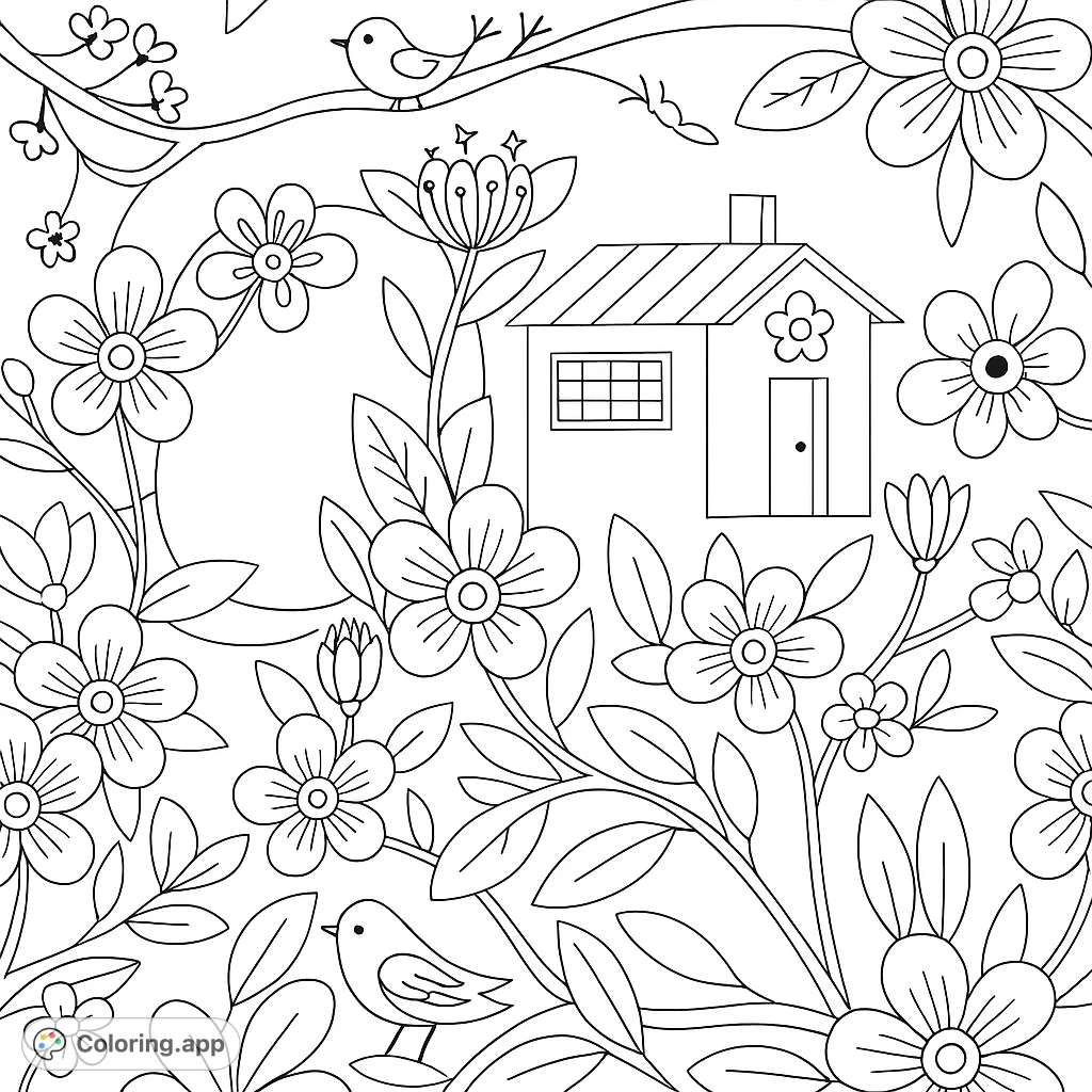 A charming cottage nestled amidst a vibrant, stylized floral garden with birds and a sun, perfect for a delightful coloring experience.