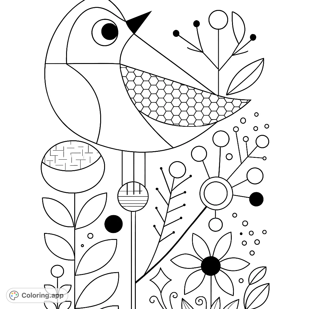 A charming mid-century modern bird perched among stylized geometric flowers and abstract botanical elements, perfect for creative coloring.