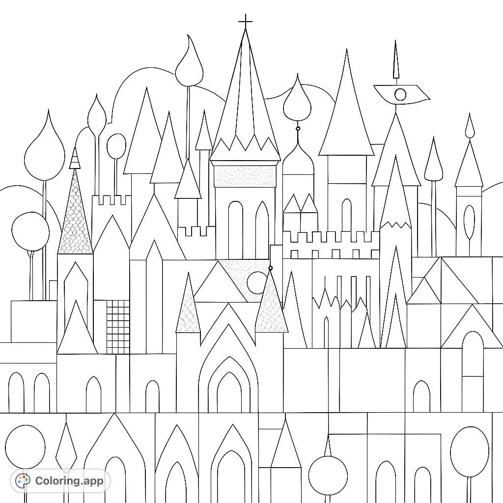 Explore a whimsical fantasy cityscape with countless geometric towers, spires, and unique buildings. A complex and enchanting coloring adventure awaits!
