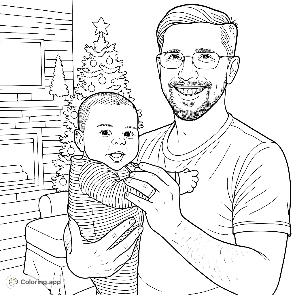 A heartwarming holiday scene featuring a smiling father holding his joyful baby, perfect for a festive family coloring page.