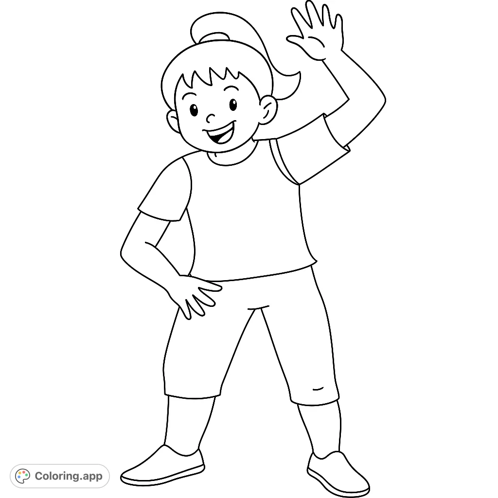A cheerful young girl with a ponytail winks and waves, ready for vibrant colors. This free printable coloring page is perfect for kids to enjoy.