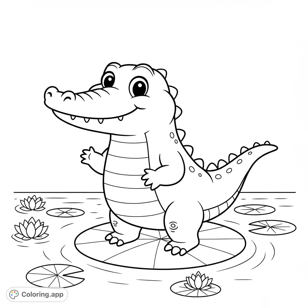 A charming, free printable alligator coloring page featuring a cute cartoon alligator with bold lines, perfect for kids and animal lovers.