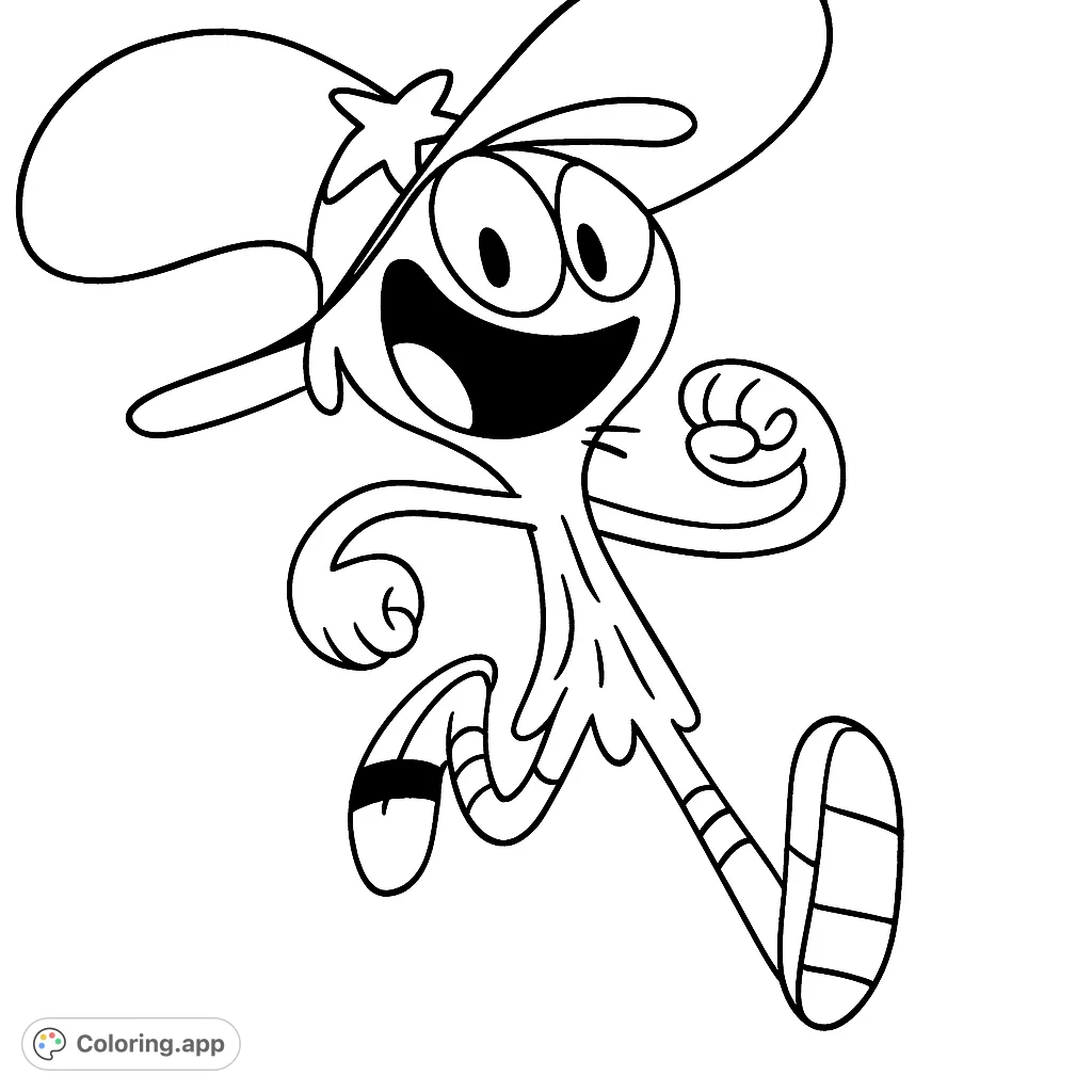 An energetic cartoon character in a dynamic running pose, featuring a wide smile and a distinctive star-adorned hat. Perfect for fans of whimsical adventures.