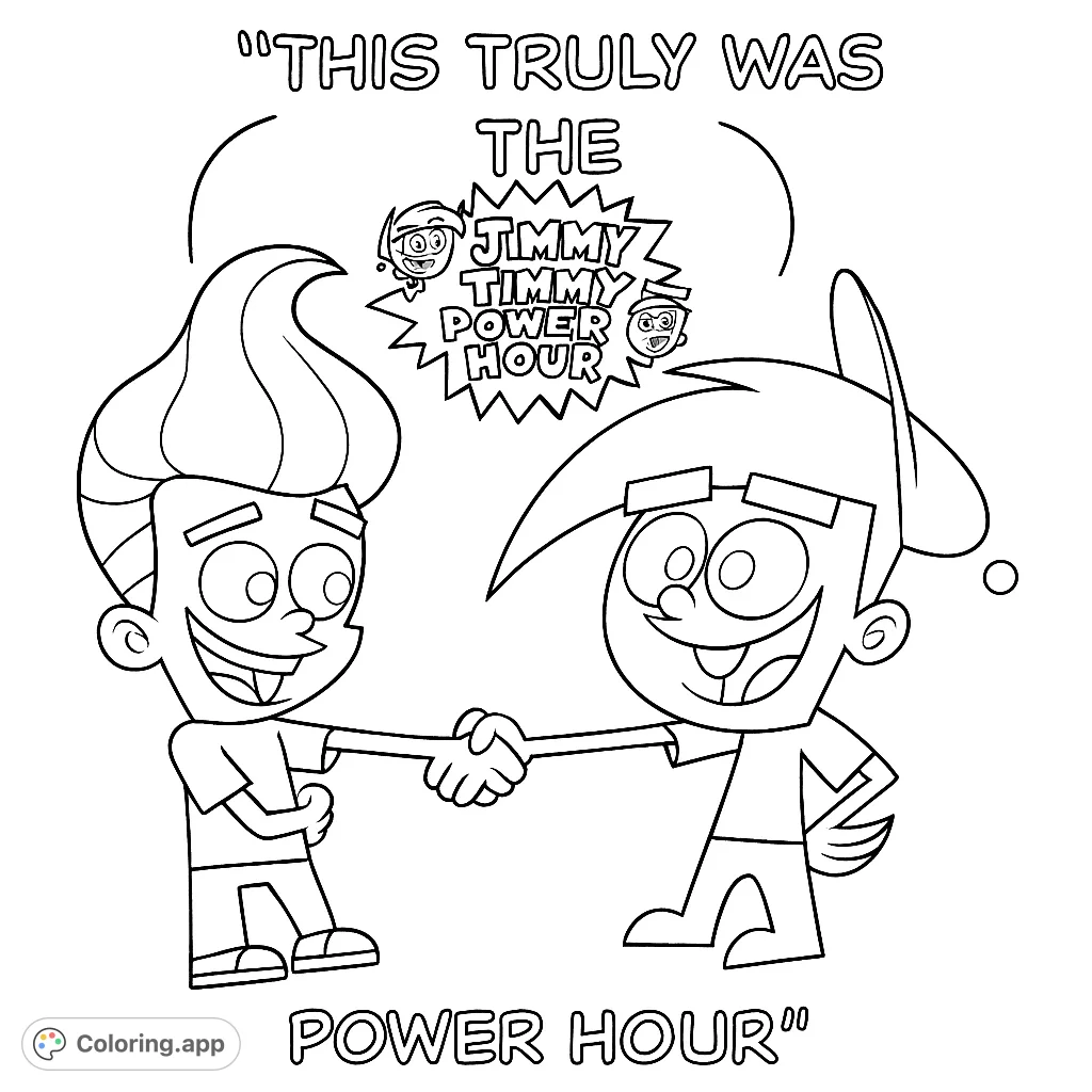 A fun Jimmy Timmy Power Hour coloring page featuring two iconic cartoon characters shaking hands, perfect for fans of the classic crossover!