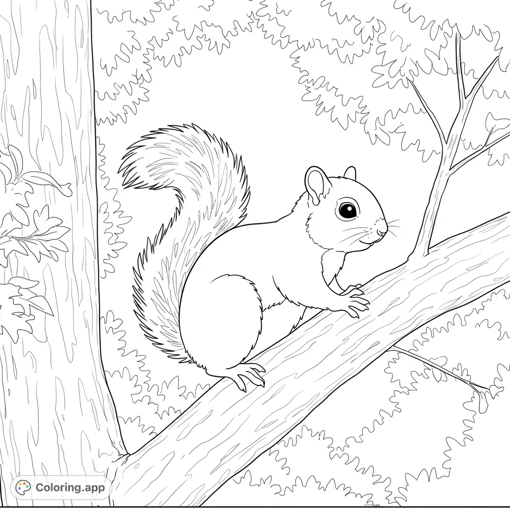 A charming squirrel clings to a tree branch on a sunny, windy day. Perfect for nature lovers and animal enthusiasts to bring to life with color.