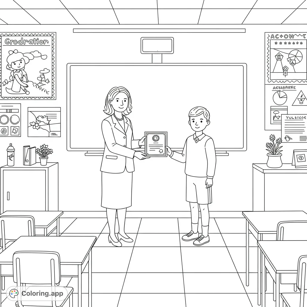 A heartwarming school classroom scene where a teacher presents an award to a student, surrounded by desks and a blackboard.