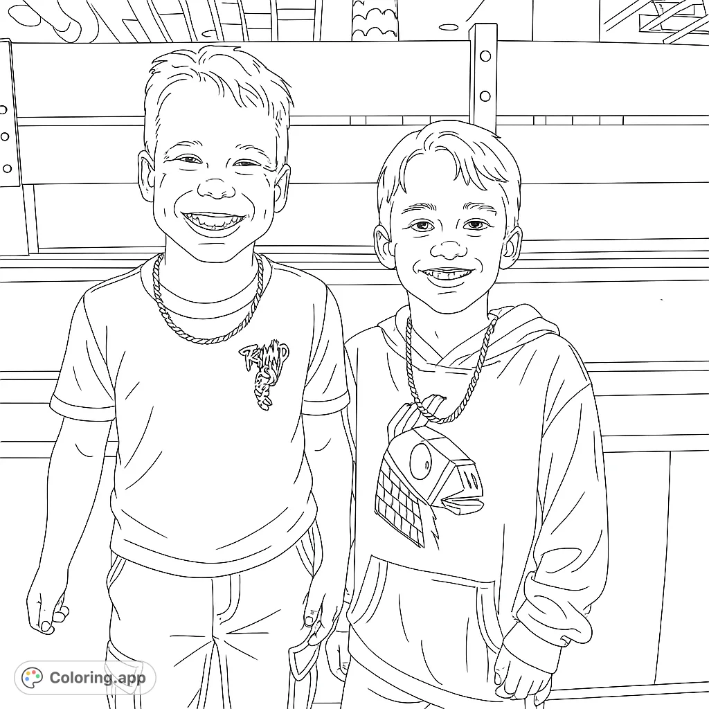 Two happy boys with cool character shirts and chains, ready for a fun coloring adventure. A free printable coloring page for kids and fans of game-themed designs.
