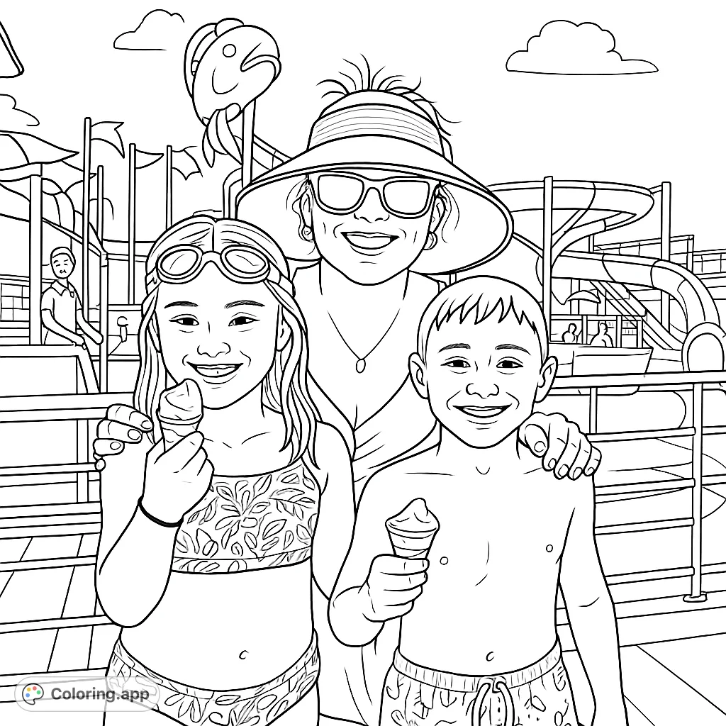 A joyful family enjoys ice cream on a sunny day, perfect for a summer fun coloring page. Features a mom and two kids with detailed swimsuits and a water park background.
