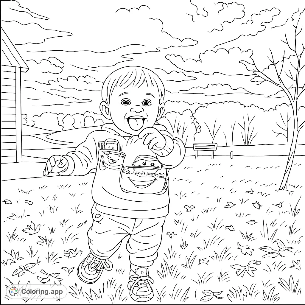 A cheerful toddler in a field, wearing a fun character outfit, with a beautiful sunset and autumn leaves. A free printable coloring page for kids and adults.
