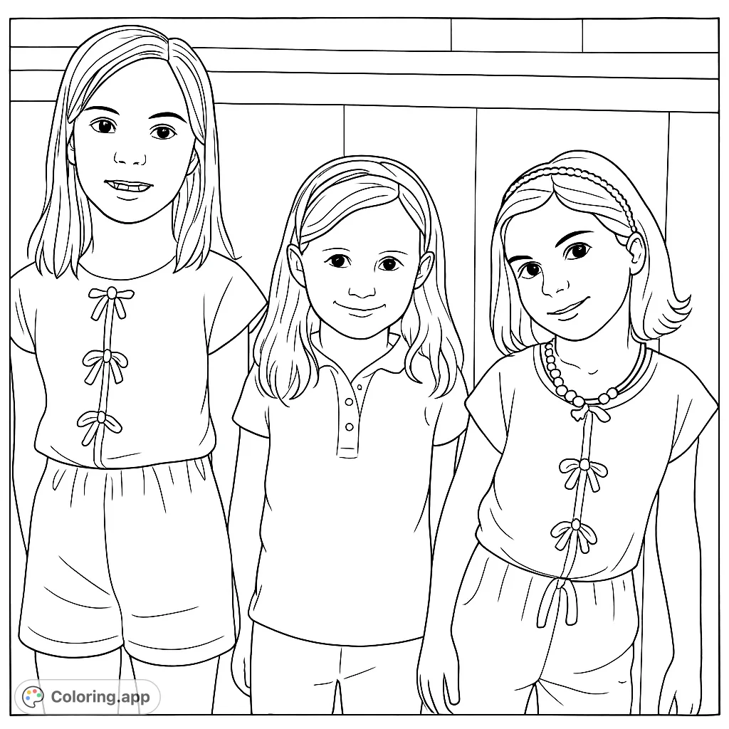 A charming free printable coloring page featuring three smiling girls in white outfits, perfect for kids and family fun. Bring their joyful expressions to life!