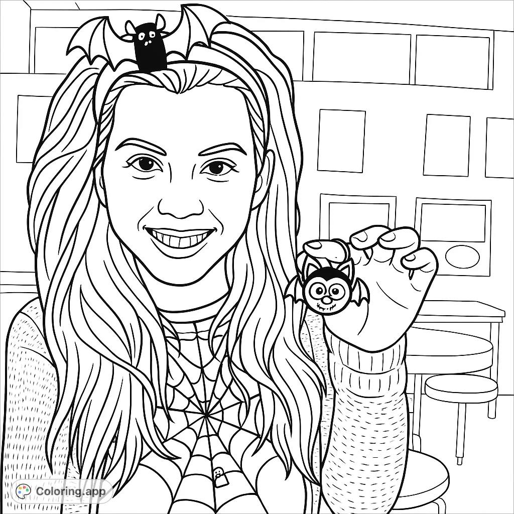 A cheerful girl with a fun bat-wing headband and a spiderweb shirt, holding a cute bat charm. Perfect for Halloween and spooky season coloring fun!