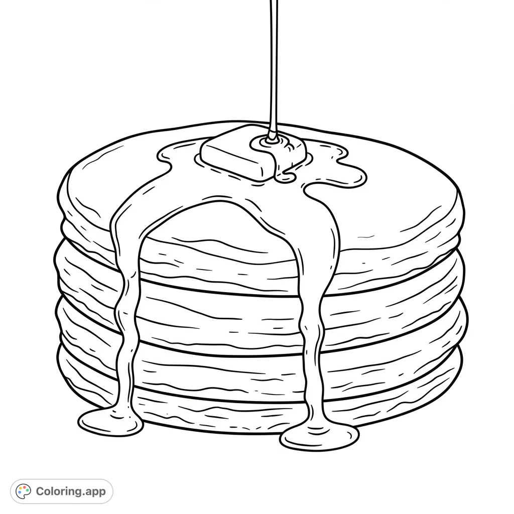 A delightful stack of fluffy pancakes generously drizzled with sweet syrup and topped with a pat of butter, perfect for a delicious coloring experience.