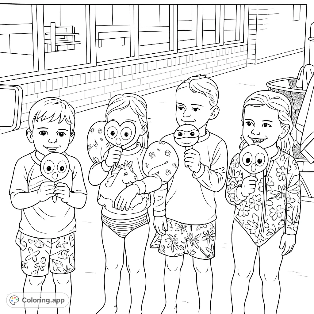 Four happy kids enjoy character popsicles by the pool. A fun summer scene perfect for a free printable coloring page, ideal for kids and families.