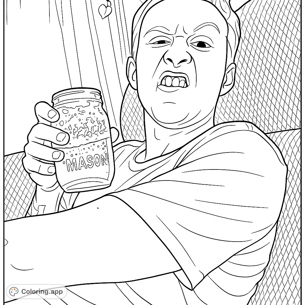 A humorous man with a funny face holds a mason jar drink while relaxing in an armchair. A fun, quirky portrait for a unique coloring experience.